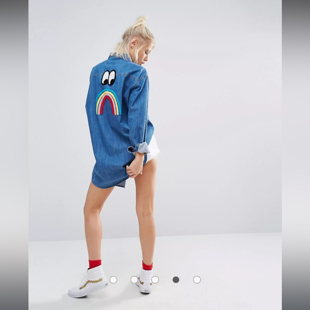 Lazy Oaf Longline Denim Shirt dress Sad Rainbow size Sm